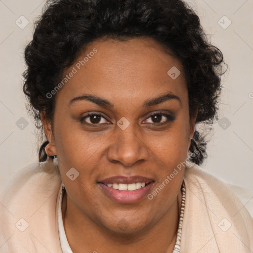 Joyful black adult female with short  brown hair and brown eyes