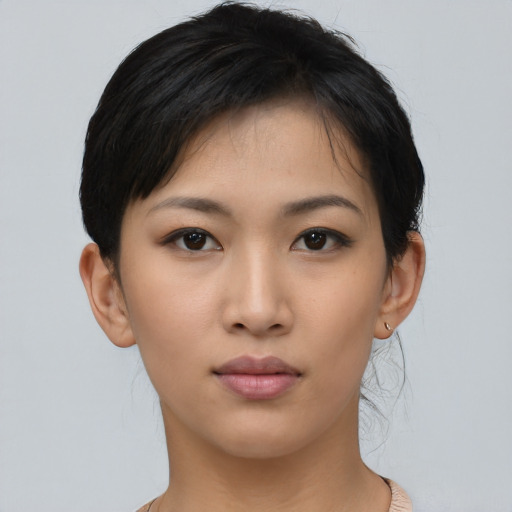 Neutral asian young-adult female with short  black hair and brown eyes