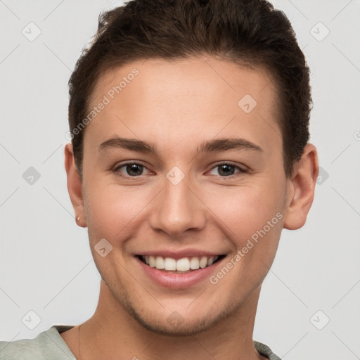 Joyful white young-adult female with short  brown hair and brown eyes