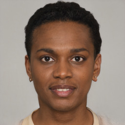 Neutral black young-adult male with short  black hair and brown eyes