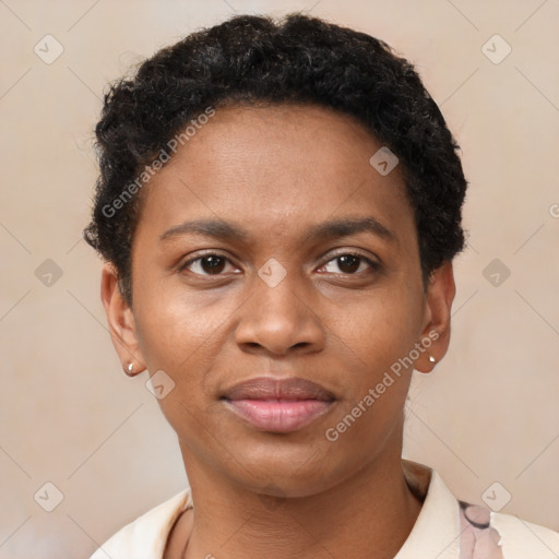 Joyful latino young-adult female with short  black hair and brown eyes