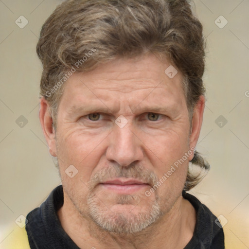 Joyful white middle-aged male with short  brown hair and brown eyes