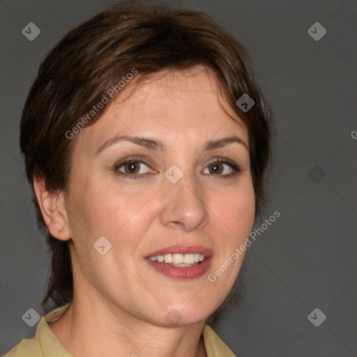 Joyful white adult female with short  brown hair and brown eyes