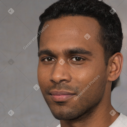 Neutral black young-adult male with short  black hair and brown eyes