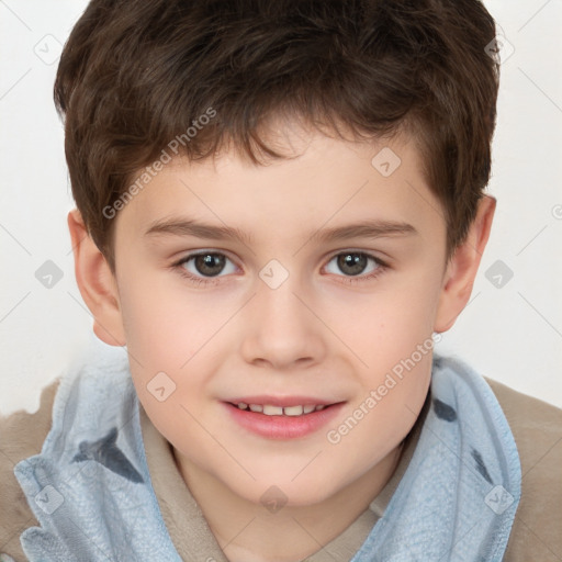 Joyful white child male with short  brown hair and brown eyes