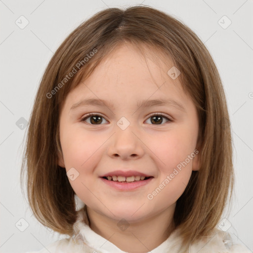 Joyful white child female with medium  brown hair and brown eyes