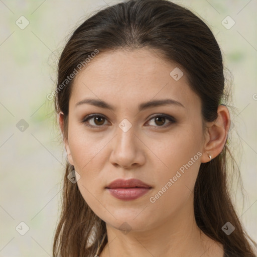 Neutral white young-adult female with long  brown hair and brown eyes