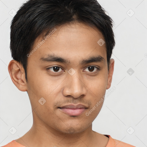 Neutral asian young-adult male with short  brown hair and brown eyes