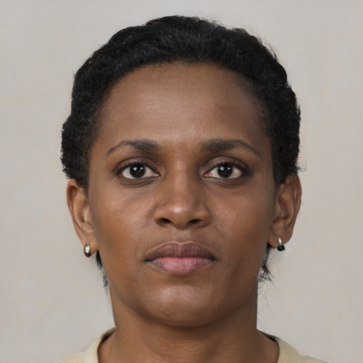 Neutral black young-adult female with short  brown hair and brown eyes