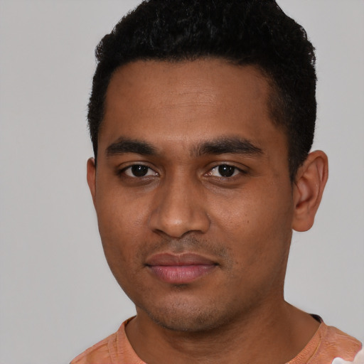 Neutral black young-adult male with short  black hair and brown eyes