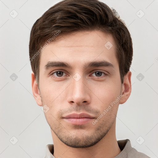 Neutral white young-adult male with short  brown hair and grey eyes