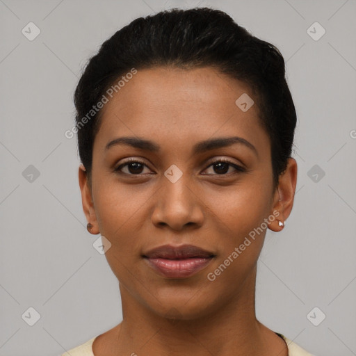 Joyful latino young-adult female with short  black hair and brown eyes