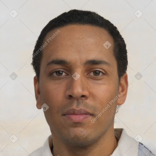 Neutral latino young-adult male with short  black hair and brown eyes