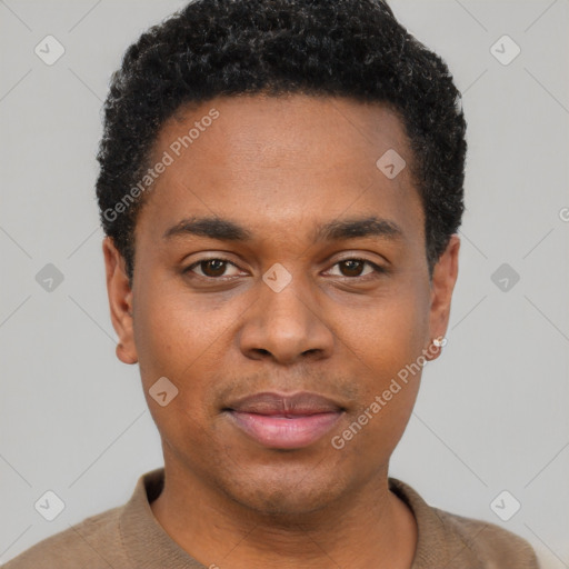 Neutral black young-adult male with short  black hair and brown eyes