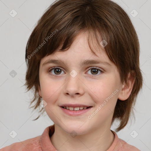 Joyful white child female with medium  brown hair and brown eyes