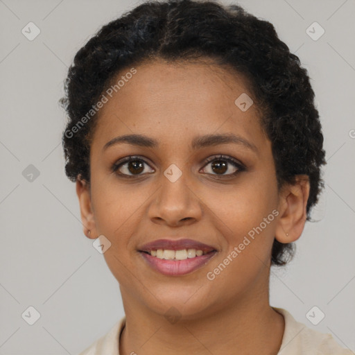 Joyful latino young-adult female with short  brown hair and brown eyes