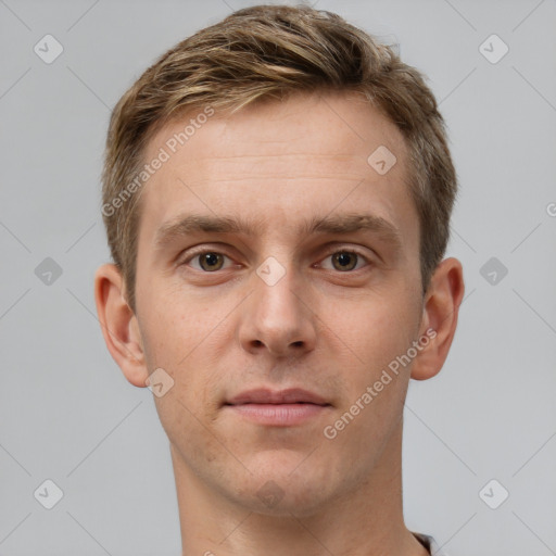 Neutral white young-adult male with short  brown hair and grey eyes