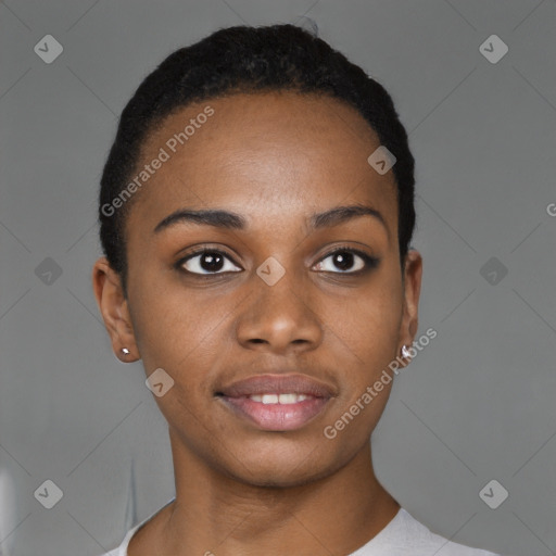 Neutral black young-adult female with short  brown hair and brown eyes