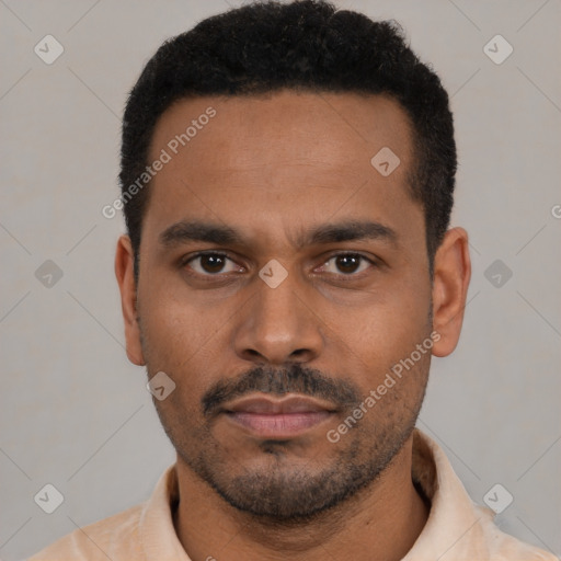 Neutral black young-adult male with short  black hair and brown eyes