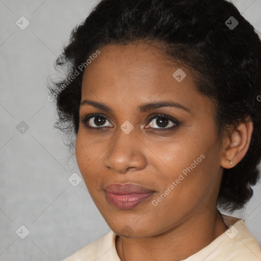 Joyful black young-adult female with medium  brown hair and brown eyes