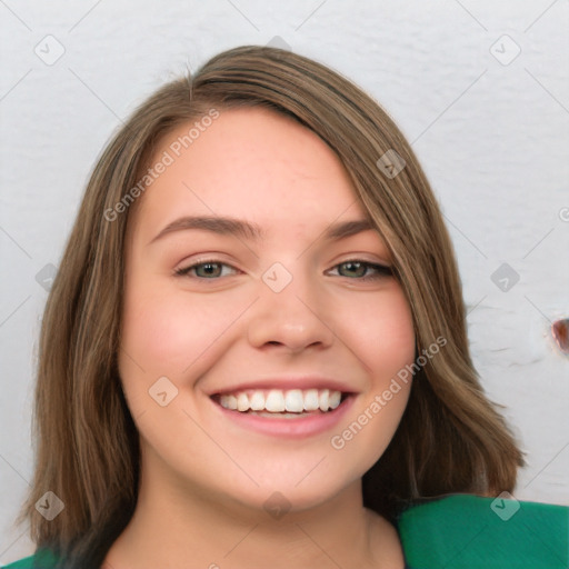 Joyful white young-adult female with medium  brown hair and green eyes