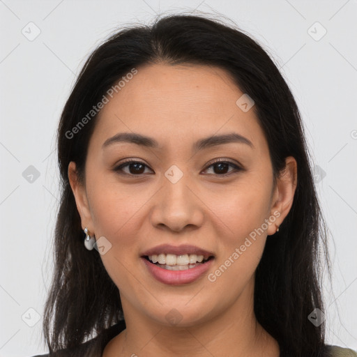 Joyful latino young-adult female with long  brown hair and brown eyes