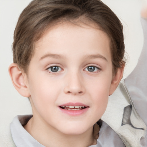 Joyful white child female with medium  brown hair and blue eyes