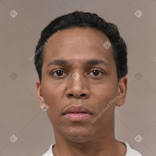 Neutral latino young-adult male with short  black hair and brown eyes