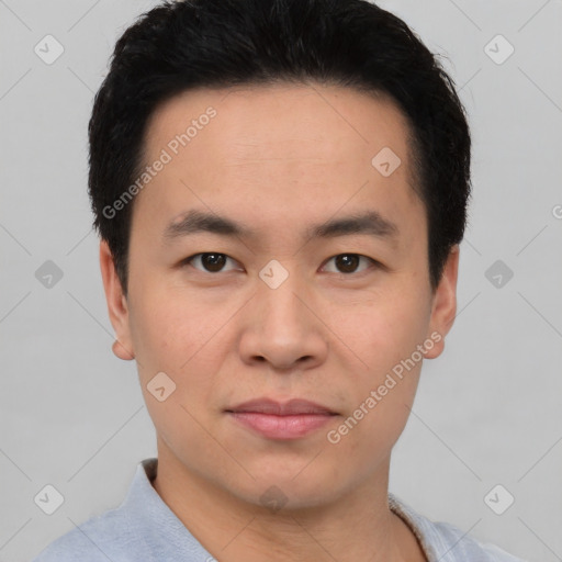 Neutral asian young-adult male with short  black hair and brown eyes