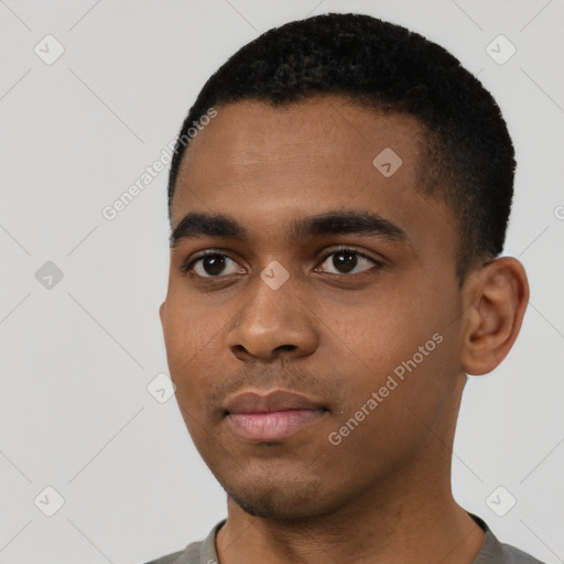 Neutral black young-adult male with short  black hair and brown eyes