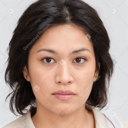 Neutral asian young-adult female with medium  brown hair and brown eyes