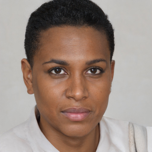 Neutral black young-adult female with short  brown hair and brown eyes