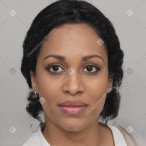 Joyful black young-adult female with medium  black hair and brown eyes