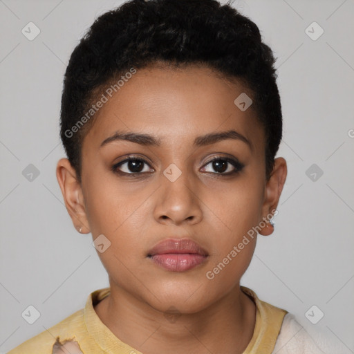 Neutral latino young-adult female with short  brown hair and brown eyes