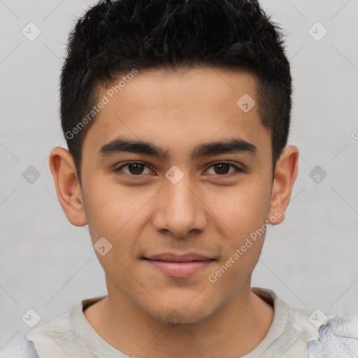 Joyful latino young-adult male with short  brown hair and brown eyes