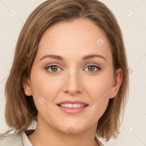 Joyful white young-adult female with medium  brown hair and green eyes