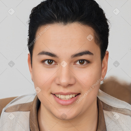 Joyful latino young-adult female with short  brown hair and brown eyes