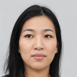 Neutral asian young-adult female with long  black hair and brown eyes