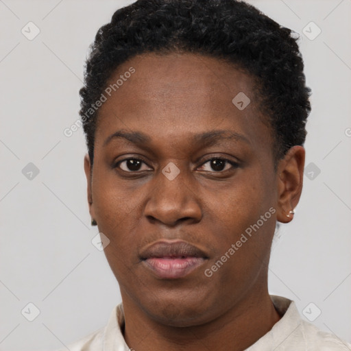 Neutral black young-adult female with short  brown hair and brown eyes