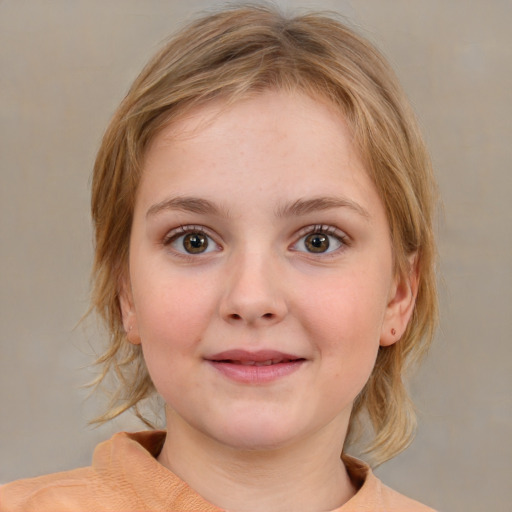 Joyful white child female with medium  brown hair and brown eyes