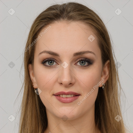 Joyful white young-adult female with long  brown hair and green eyes