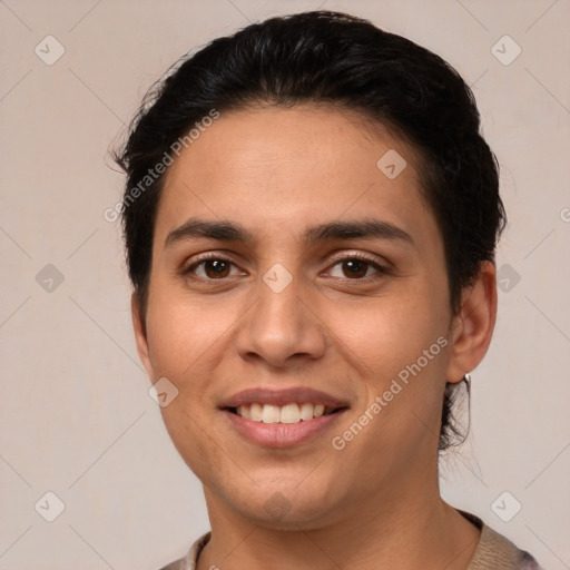 Joyful white young-adult female with short  brown hair and brown eyes