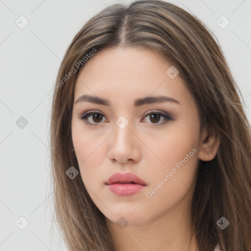 Neutral white young-adult female with long  brown hair and brown eyes