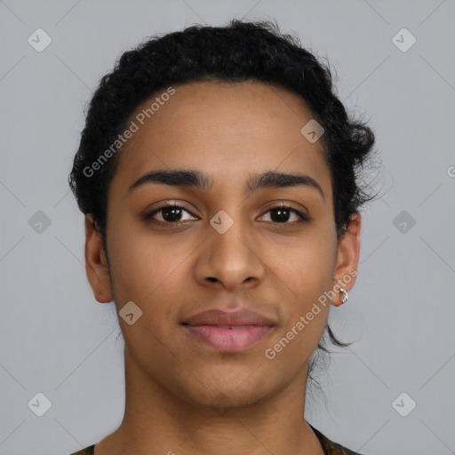 Joyful latino young-adult female with short  black hair and brown eyes