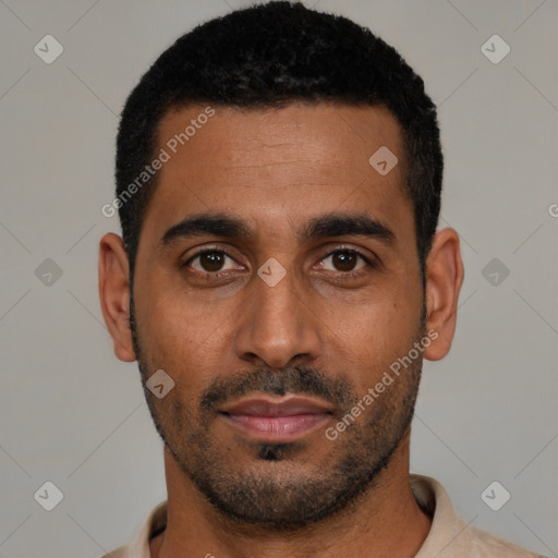 Neutral black young-adult male with short  black hair and brown eyes