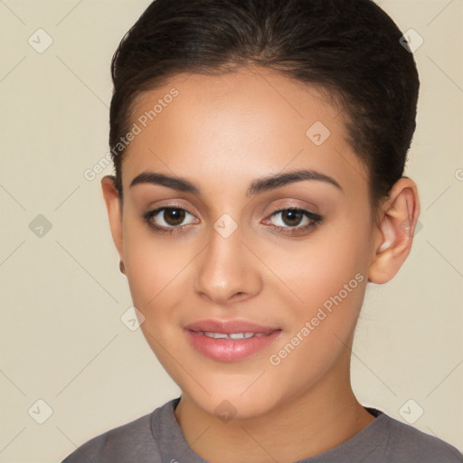 Joyful white young-adult female with short  brown hair and brown eyes