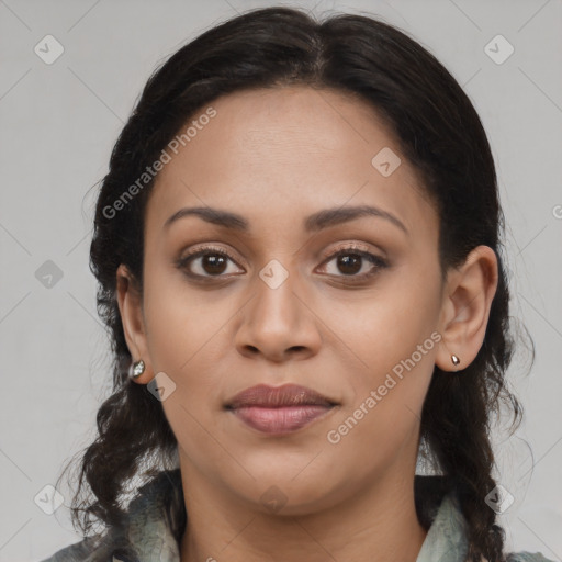 Joyful latino young-adult female with long  brown hair and brown eyes