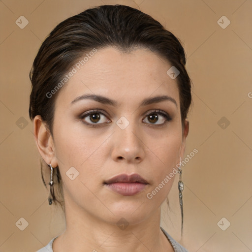 Neutral white young-adult female with medium  brown hair and brown eyes