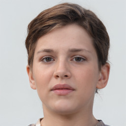 Neutral white young-adult female with short  brown hair and brown eyes