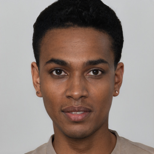 Neutral black young-adult male with short  black hair and brown eyes